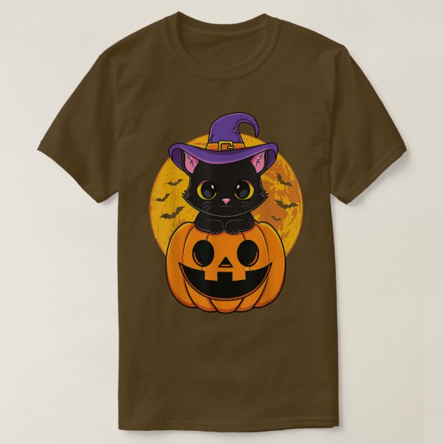 Cute Halloween Black Cat Witch Hat Pumpkin för Kid T Shirt (Design framsida)