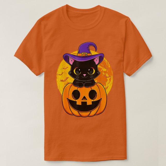 Cute Halloween Black Cat Witch Hat Pumpkin för Kid T Shirt (Design framsida)