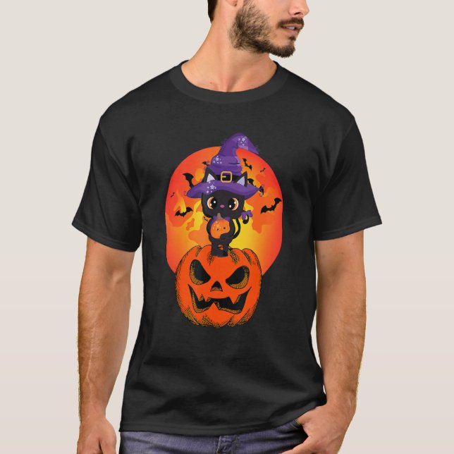 Cute Halloween Black Cat Witch Hat Pumpkin för Kid T Shirt (Framsida)