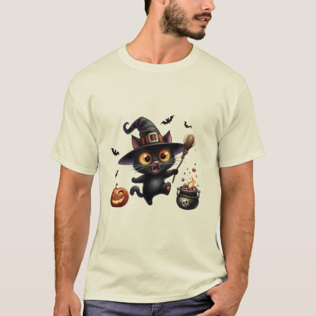 Cute Halloween Black Cat Witch ✨🐾🎃 T Shirt (Framsida)