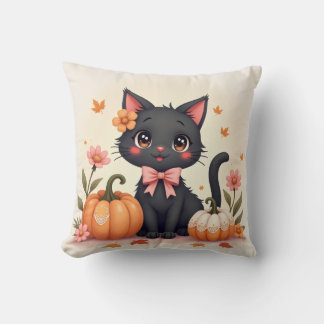 Cute Halloween Black Cat with Pumpkins - Square Kudde