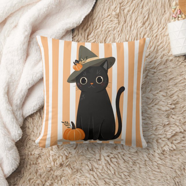Cute Halloween Black Cat with Witch Hat Pumpkin Kudde (Filt)