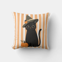 Cute Halloween Black Cat with Witch Hat Pumpkin Kudde