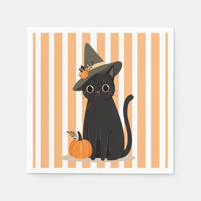 Cute Halloween Black Cat with Witch Hat Pumpkin Pappersservett (Framsidan)