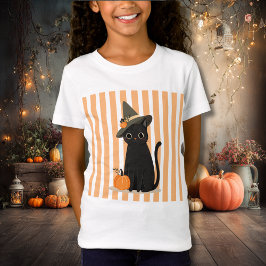 Cute Halloween Black Cat with Witch Hat Pumpkin T Shirt