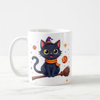 Cute halloween black kitten broom mug kaffemugg