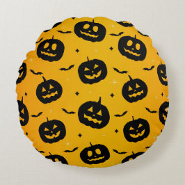 Cute Halloween Black Pumpkins & Fladdermus Mönster Rund Kudde