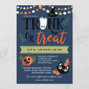 Cute Halloween Blue Trunk eller Treat Social Avstå Inbjudningar