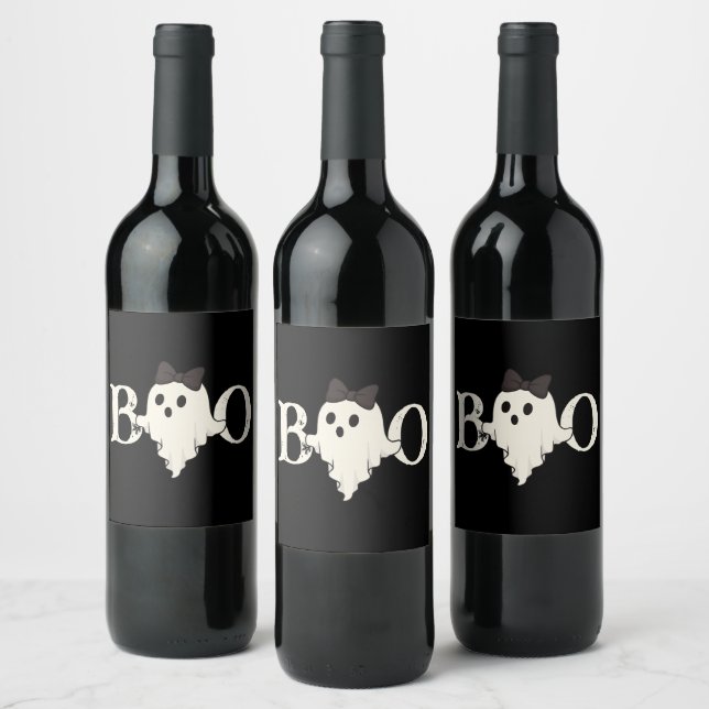 Cute Halloween - Boo Ghost med Bow - Vinflaska Etikett (Flaskor)