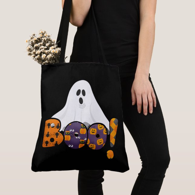 Cute Halloween BOO med Ghost Black Tote Bag Tygkasse (Närbild)