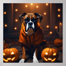Cute Halloween Boxer-Hund med pumpor på natten Poster