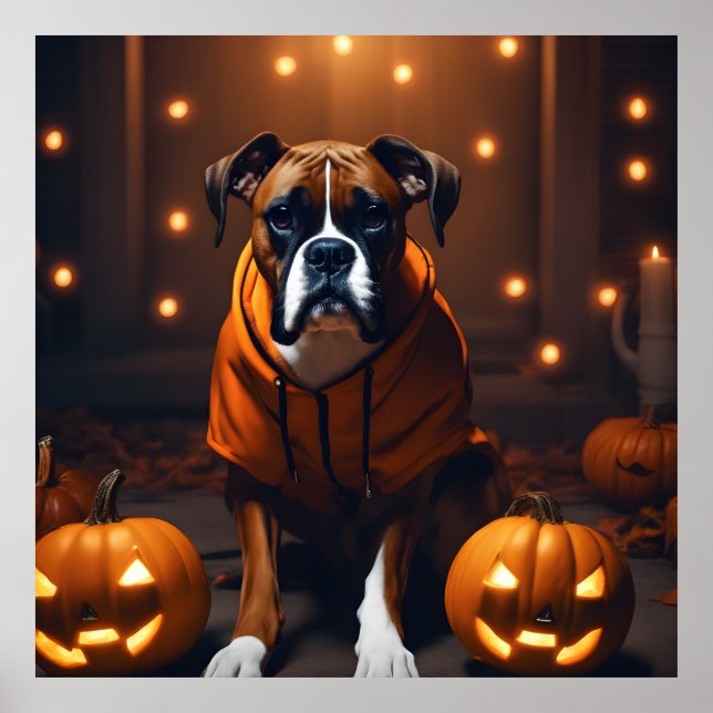 Cute Halloween Boxer-Hund med pumpor på natten Poster (Framsidan)