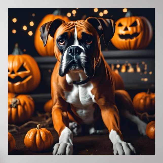 Cute Halloween Boxer Hund w Pumpkins on Oct Night Poster (Framsidan)