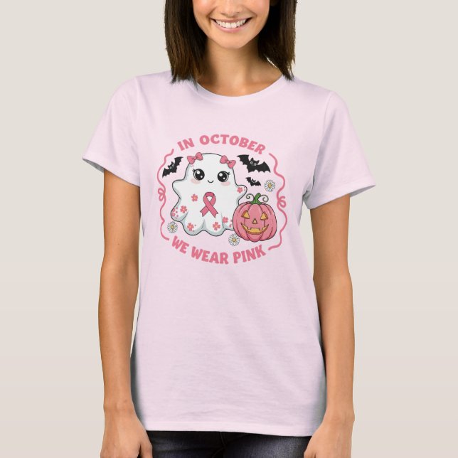 Cute Halloween Breast Cancer Awareness Ghost T Shirt (Framsida)