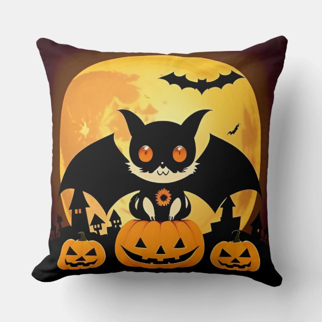 Cute Halloween Cat Character med Pumpkins Kudde (Framsida)