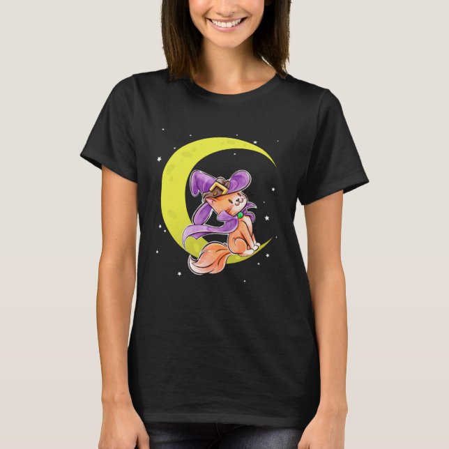 Cute Halloween Cat Costume Witch Hat and Moon T Shirt (Framsida)
