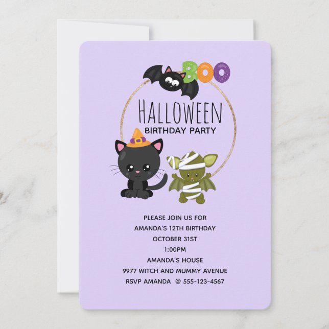 Cute Halloween Cat, Fladdermus & Mummy Boo Birthda Inbjudningar (Framsida)