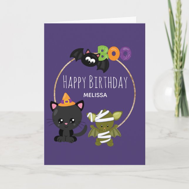 Cute Halloween Cat, Fladdermus & Mummy Boo Birthda Kort (Framsida)