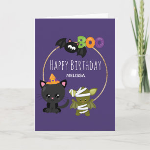 Cute Halloween Cat, Fladdermus & Mummy Boo Birthda Kort