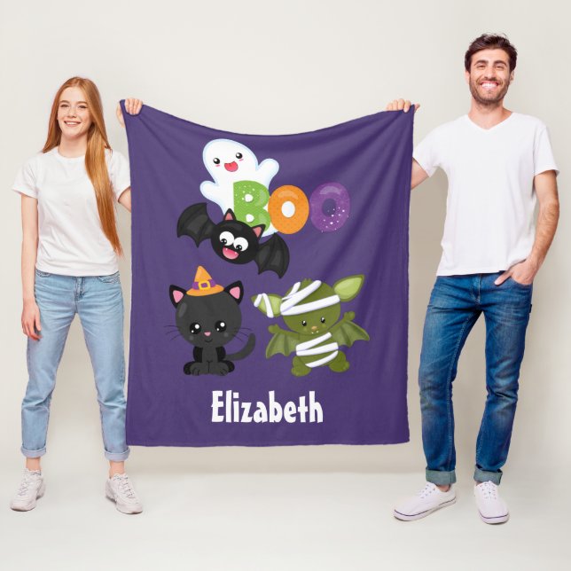 Cute Halloween Cat, Fladdermus, Mummy & Ghost Fleecefilt (På plats)