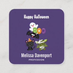 Cute Halloween Cat, Fladdermus, Mummy & Ghost Fyrkantigt Visitkort
