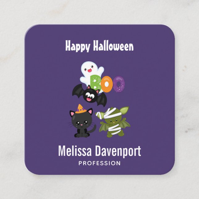 Cute Halloween Cat, Fladdermus, Mummy & Ghost Fyrkantigt Visitkort (Framsida)