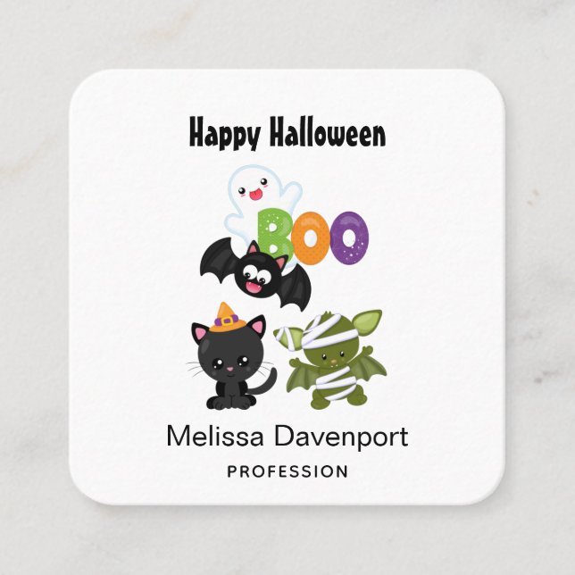 Cute Halloween Cat, Fladdermus, Mummy & Ghost Fyrkantigt Visitkort (Framsida)