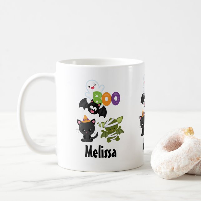 Cute Halloween Cat, Fladdermus, Mummy & Ghost Kaffemugg (Med munk)
