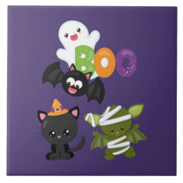 Cute Halloween Cat, Fladdermus, Mummy & Ghost Kakelplatta