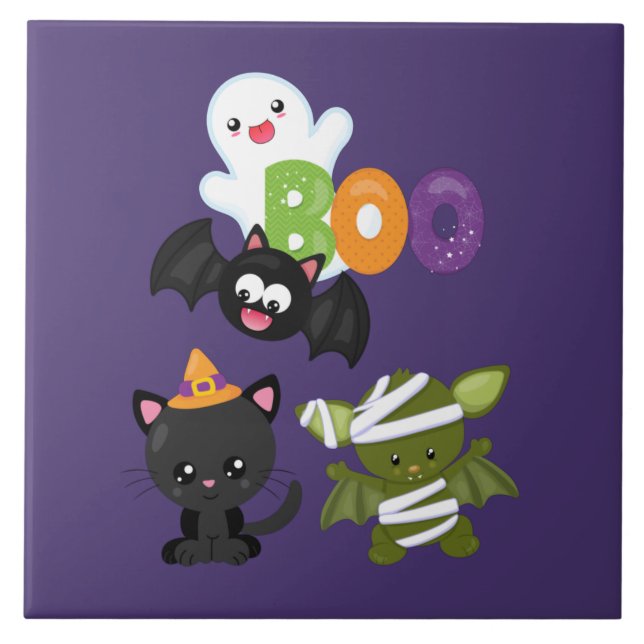 Cute Halloween Cat, Fladdermus, Mummy & Ghost Kakelplatta (Framsidan)