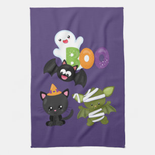 Cute Halloween Cat, Fladdermus, Mummy & Ghost Kökshandduk