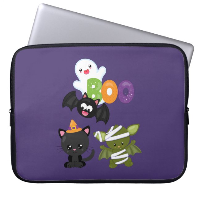Cute Halloween Cat, Fladdermus, Mummy & Ghost Laptop Fodral (Framsidan)
