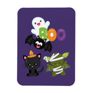 Cute Halloween Cat, Fladdermus, Mummy & Ghost Magnet