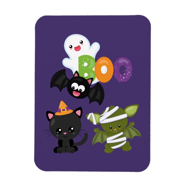 Cute Halloween Cat, Fladdermus, Mummy & Ghost Magnet (Vertikal)