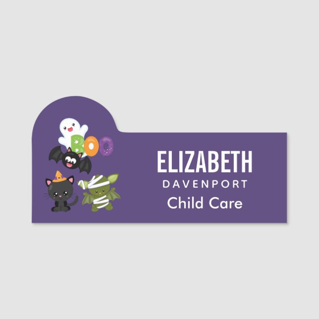 Cute Halloween Cat, Fladdermus, Mummy & Ghost Namnbricka (Framsida)