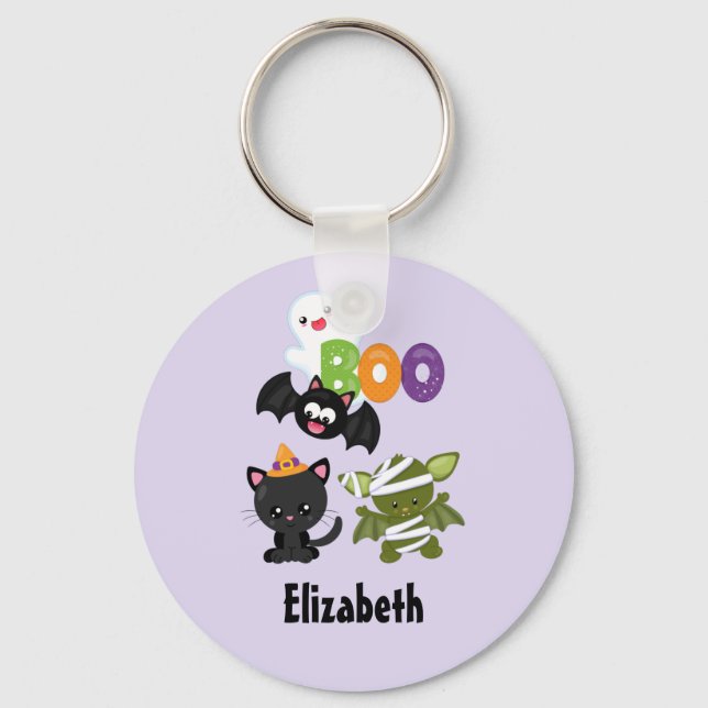Cute Halloween Cat, Fladdermus, Mummy & Ghost Nyckelring (Framsida)