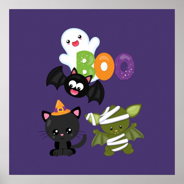 Cute Halloween Cat, Fladdermus, Mummy & Ghost Poster (Framsidan)