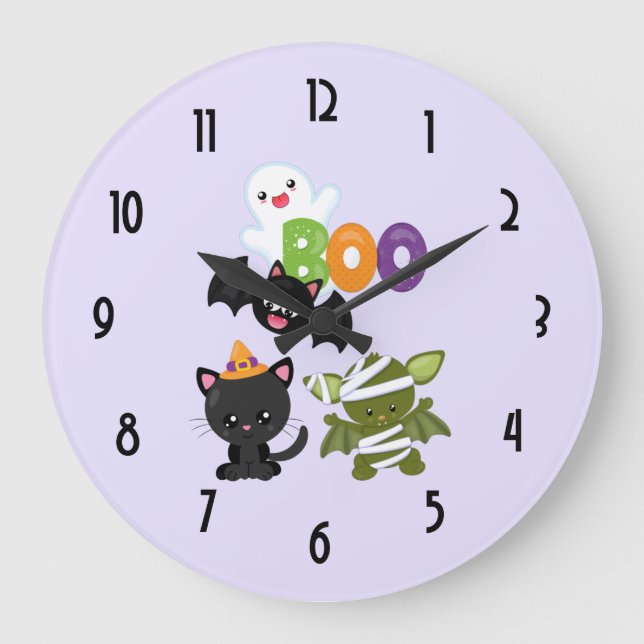 Cute Halloween Cat, Fladdermus, Mummy & Ghost Stor Klocka (Framsida)