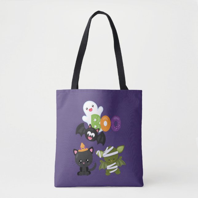 Cute Halloween Cat, Fladdermus, Mummy & Ghost Tygkasse (Framsida)