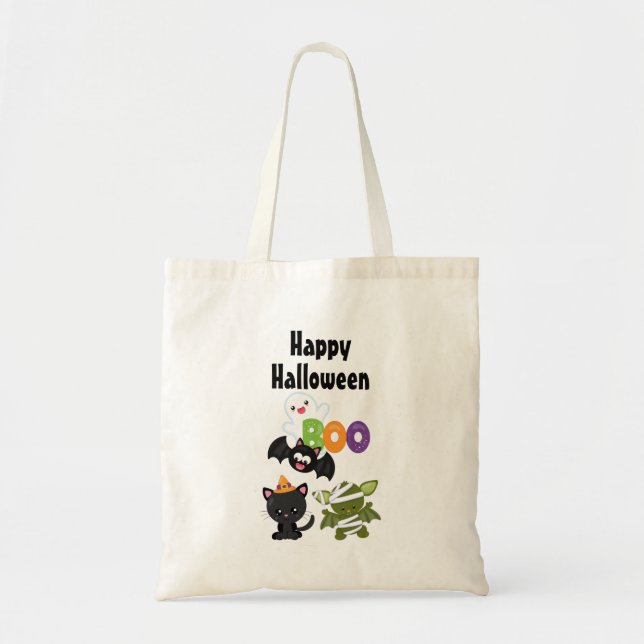 Cute Halloween Cat, Fladdermus, Mummy & Ghost Tygkasse (Framsidan)