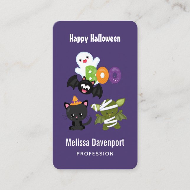 Cute Halloween Cat, Fladdermus, Mummy & Ghost Visitkort (Framsida)