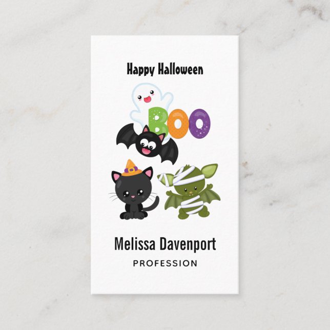 Cute Halloween Cat, Fladdermus, Mummy & Ghost Visitkort (Framsida)