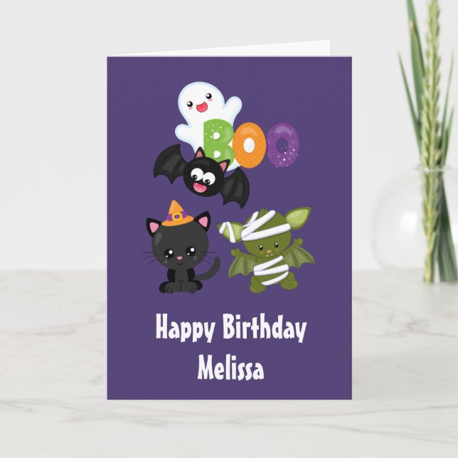 Cute Halloween Cat, Fladdermus, Mummy och Ghost Kort (Framsida)
