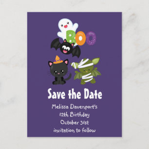 Cute Halloween Cat, Fladdermus, Mummy Save Date Inbjudan Vykort