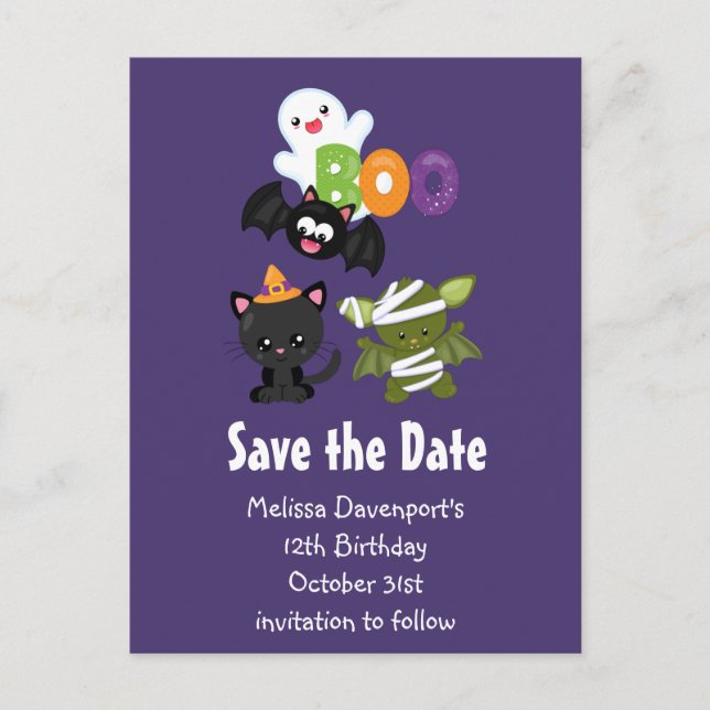 Cute Halloween Cat, Fladdermus, Mummy Save Date Inbjudan Vykort (Framsida)