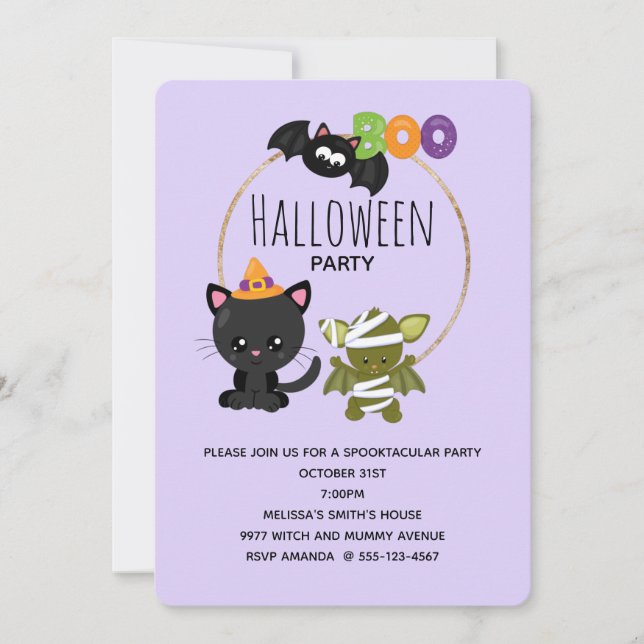 Cute Halloween Cat, Fladdermus och Mummy Boo Inbjudningar (Framsida)