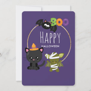 Cute Halloween Cat, Fladdermus och Mummy Boo Julkort
