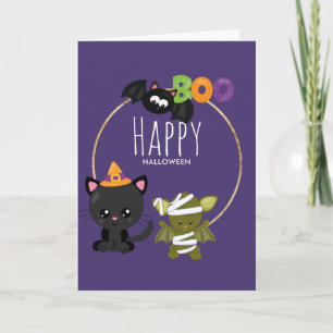 Cute Halloween Cat, Fladdermus och Mummy Boo Kort