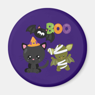 Cute Halloween Cat, Fladdermus och Mummy Boo Magnet