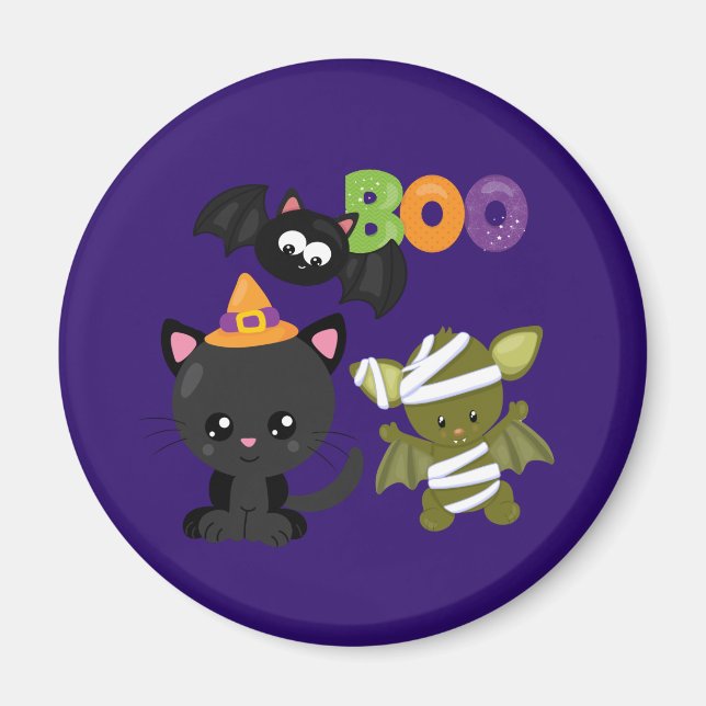 Cute Halloween Cat, Fladdermus och Mummy Boo Magnet (Framsidan)